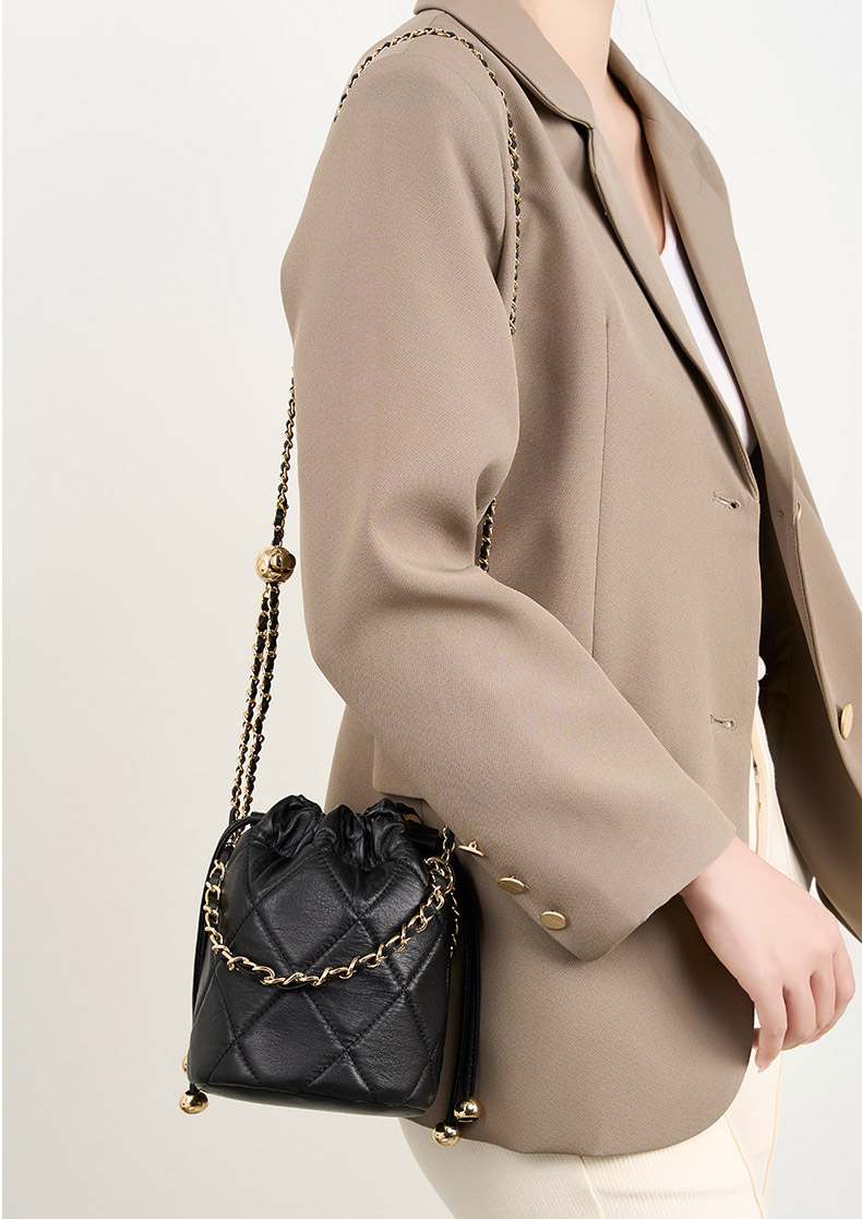 DEEPKEE original nubuck handmade full-grain genuine leather cowhide bag 真皮手提小鏈條女包 斜挎水桶包 2505 號