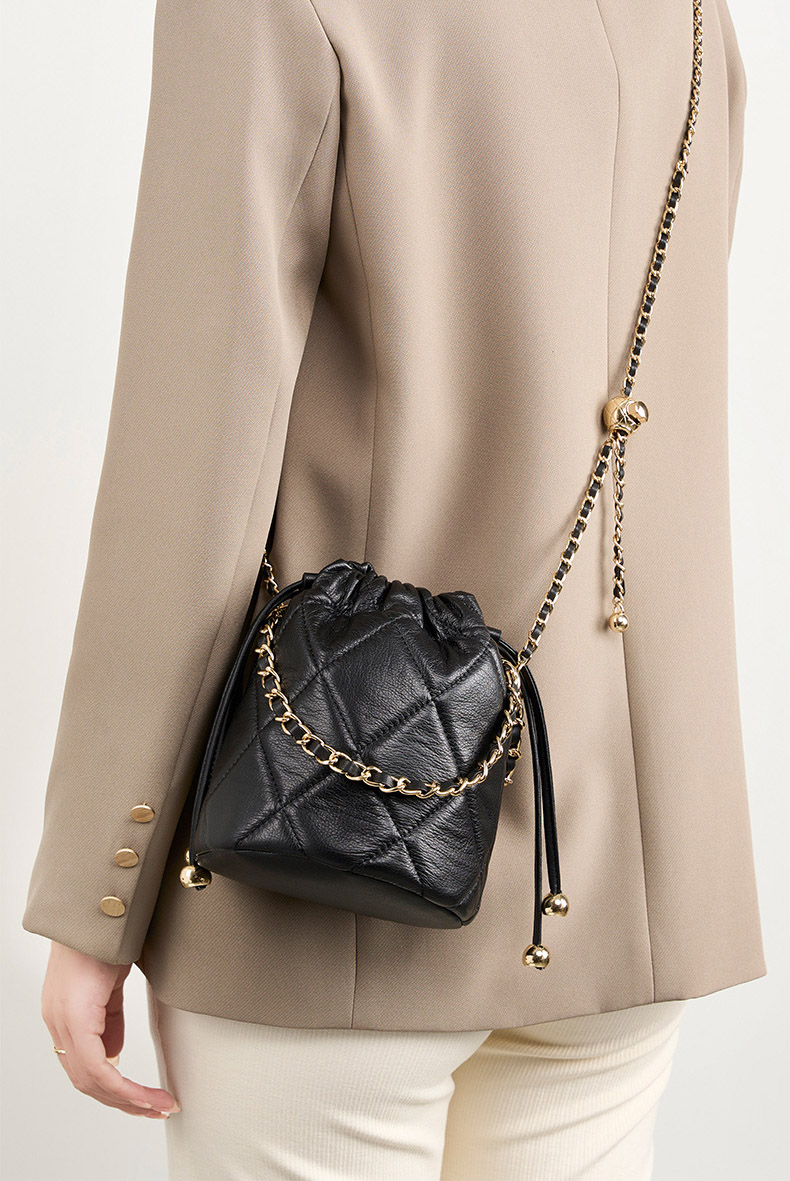 DEEPKEE original nubuck handmade full-grain genuine leather cowhide bag 真皮手提小鏈條女包 斜挎水桶包 2505 號