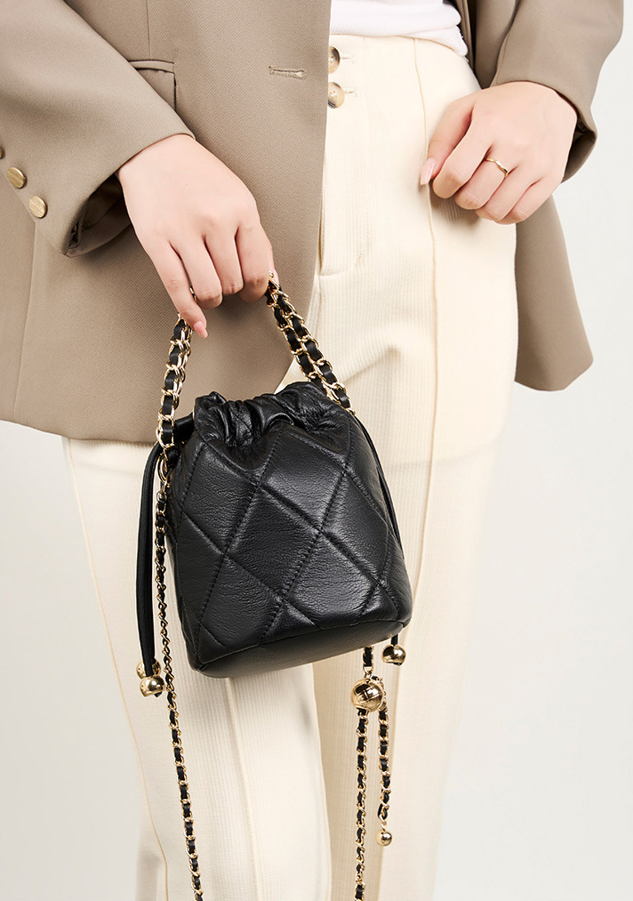 DEEPKEE original nubuck handmade full-grain genuine leather cowhide bag 真皮手提小鏈條女包 斜挎水桶包 2505 號