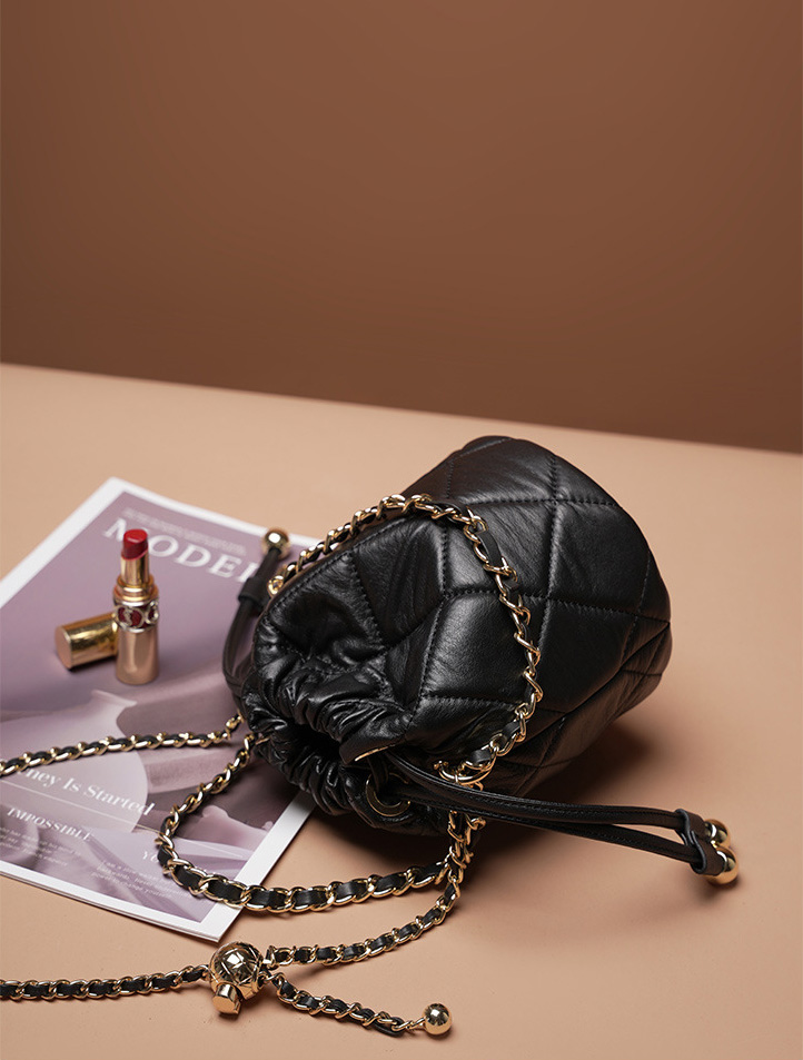 DEEPKEE original nubuck handmade full-grain genuine leather cowhide bag 真皮手提小鏈條女包 斜挎水桶包 2505 號