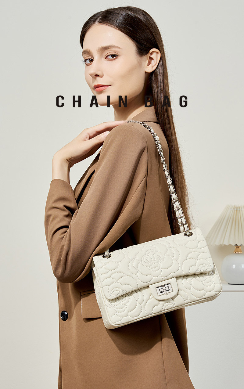 DEEPKEE original nubuck handmade full-grain genuine leather cowhide bag 山茶花头层真皮洋气菱格链条包单肩斜挎包 2780 号