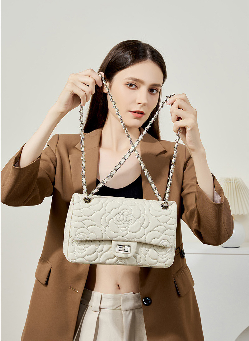 DEEPKEE original nubuck handmade full-grain genuine leather cowhide bag 山茶花头层真皮洋气菱格链条包单肩斜挎包 2780 号