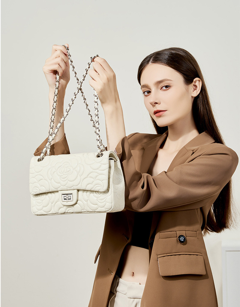 DEEPKEE original nubuck handmade full-grain genuine leather cowhide bag 山茶花头层真皮洋气菱格链条包单肩斜挎包 2780 号