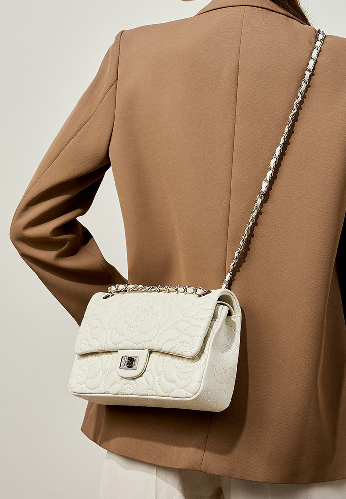 DEEPKEE original nubuck handmade full-grain genuine leather cowhide bag 山茶花头层真皮洋气菱格链条包单肩斜挎包 2780 号