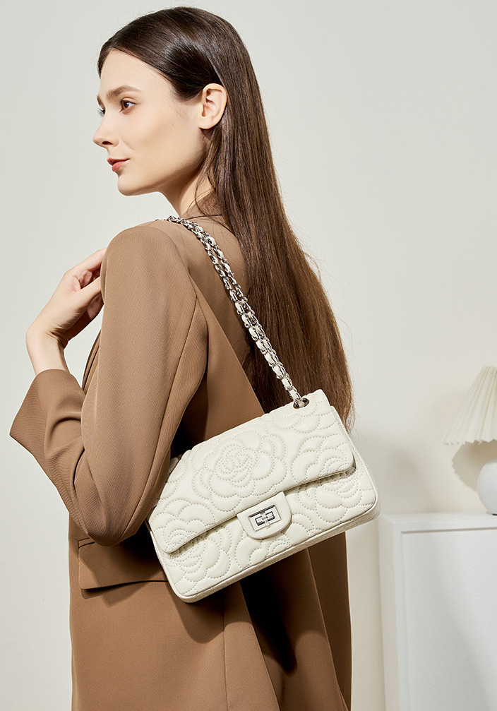 DEEPKEE original nubuck handmade full-grain genuine leather cowhide bag 山茶花头层真皮洋气菱格链条包单肩斜挎包 2780 号