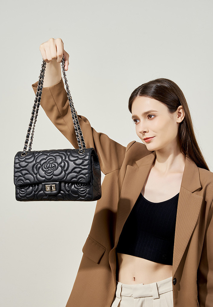 DEEPKEE original nubuck handmade full-grain genuine leather cowhide bag 山茶花头层真皮洋气菱格链条包单肩斜挎包 2780 号