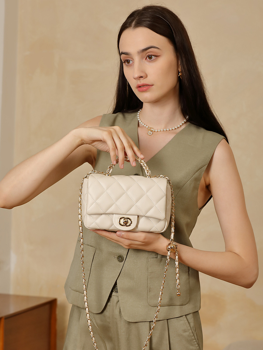 DEEPKEE original nubuck handmade full-grain genuine leather cowhide bag 鏈條菱格手提包 百搭單肩斜挎中古女包 2901 號