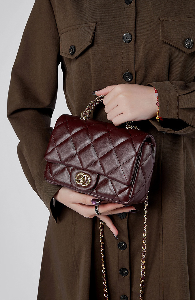 DEEPKEE original nubuck handmade full-grain genuine leather cowhide bag 鏈條菱格手提包 百搭單肩斜挎中古女包 2901 號