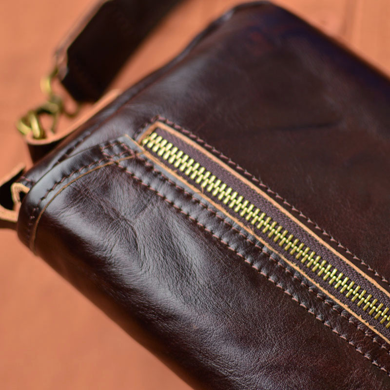 DEEPKEE original nubuck handmade full-grain genuine leather cowhide bag 男士車縫線工藝拉鍊包蓋式斜挎包 75167 號