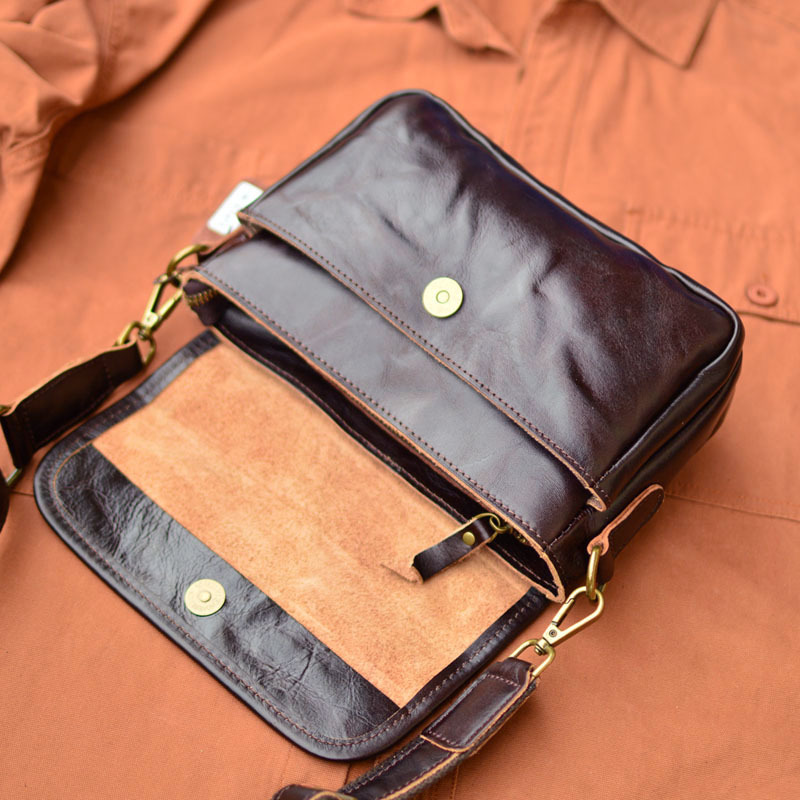 DEEPKEE original nubuck handmade full-grain genuine leather cowhide bag 男士車縫線工藝拉鍊包蓋式斜挎包 75167 號