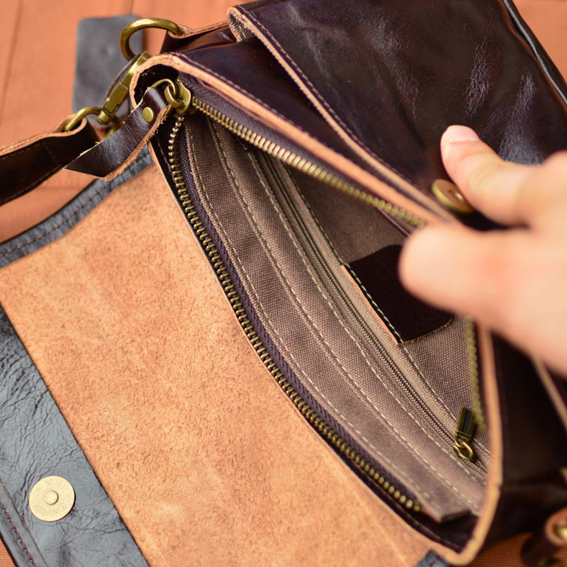 DEEPKEE original nubuck handmade full-grain genuine leather cowhide bag 男士車縫線工藝拉鍊包蓋式斜挎包 75167 號