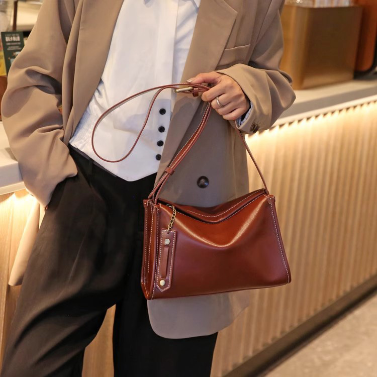 DEEPKEE original nubuck handmade full-grain genuine leather cowhide bag 牛皮女包法式百搭小眾單肩包 77168 號