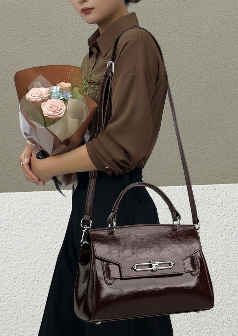 DEEPKEE original nubuck handmade full-grain genuine leather cowhide bag 真皮凱莉包女士高級輕奢單肩包通勤簡約手提女包 88-11 號