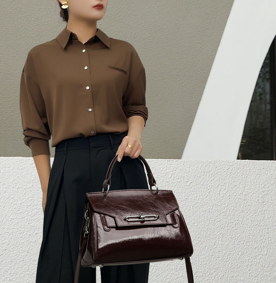 DEEPKEE original nubuck handmade full-grain genuine leather cowhide bag 真皮凱莉包女士高級輕奢單肩包通勤簡約手提女包 88-11 號