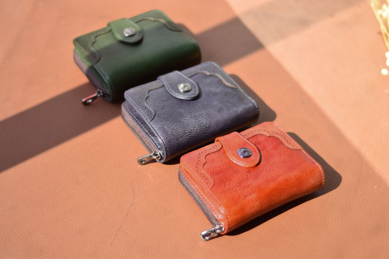 DEEPKEE original nubuck handmade full-grain genuine leather cowhide bag 復古女士短款錢包拉鍊真皮錢夾 8805 號