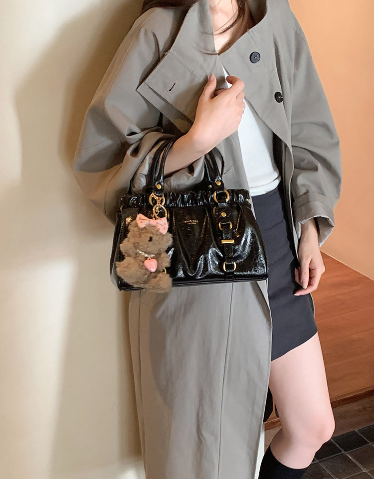 DEEPKEE original nubuck handmade full-grain genuine leather cowhide bag 黑皮大小姐托特包復古褶皺手提包 CD33385號