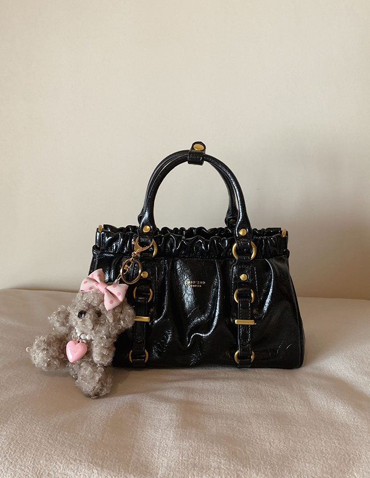 DEEPKEE original nubuck handmade full-grain genuine leather cowhide bag 黑皮大小姐托特包復古褶皺手提包 CD33385號