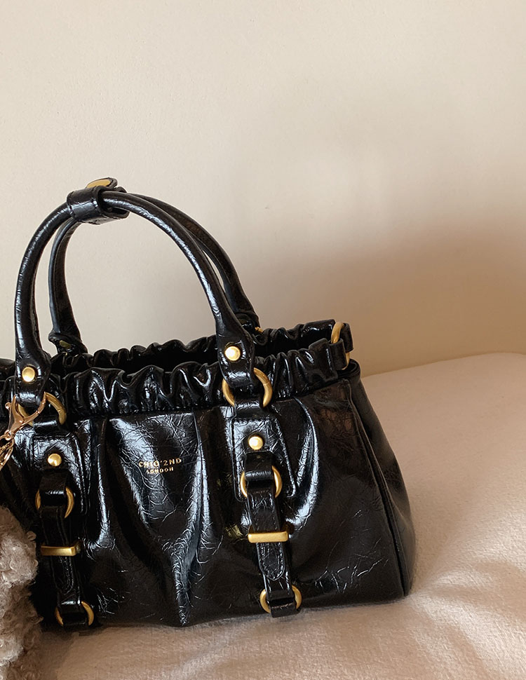 DEEPKEE original nubuck handmade full-grain genuine leather cowhide bag 黑皮大小姐托特包復古褶皺手提包 CD33385號