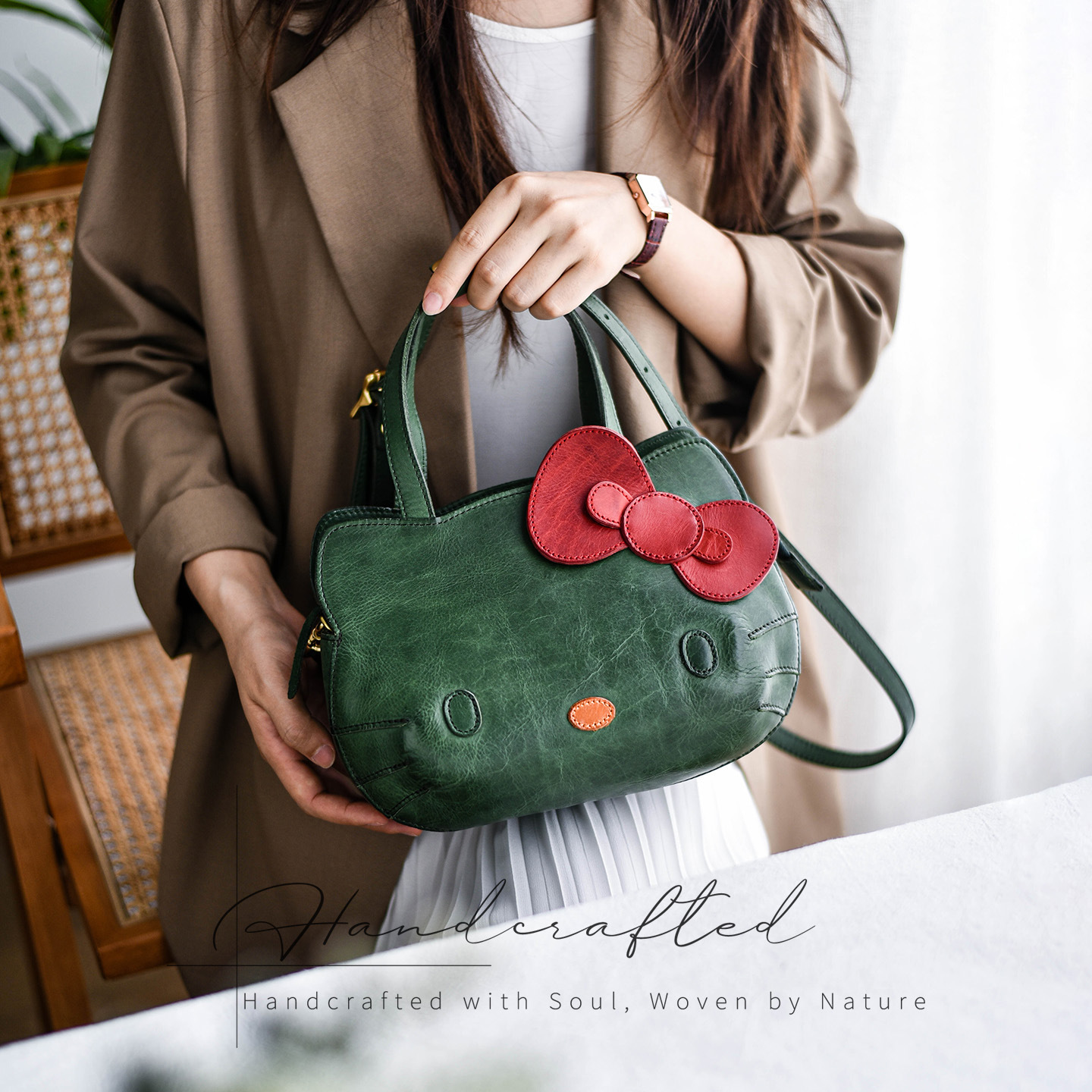 香港狄記手工製作 - 原創 頭層植鞣牛皮 可愛Kitty包 HZ_6302號