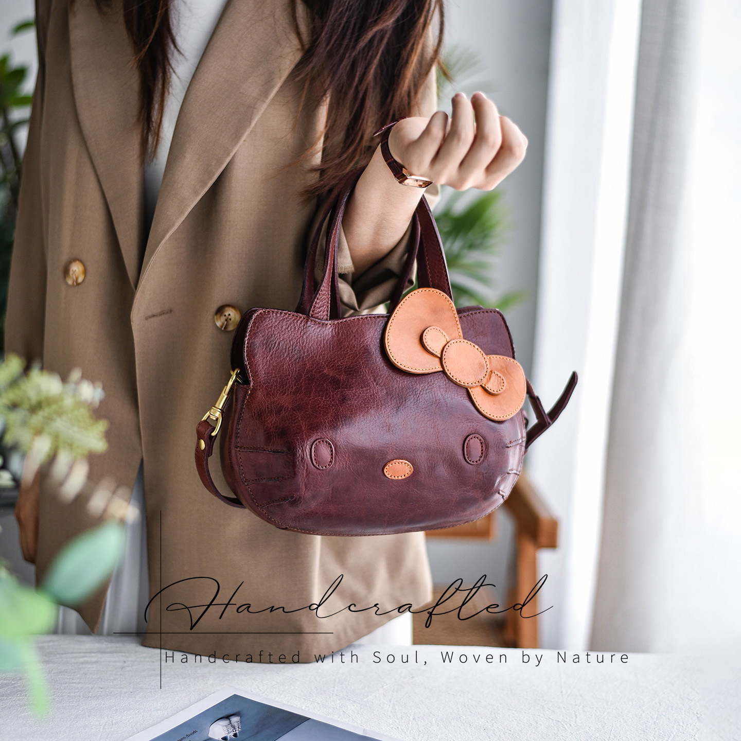 香港狄記手工製作 - 原創 頭層植鞣牛皮 可愛Kitty包 HZ_6302號