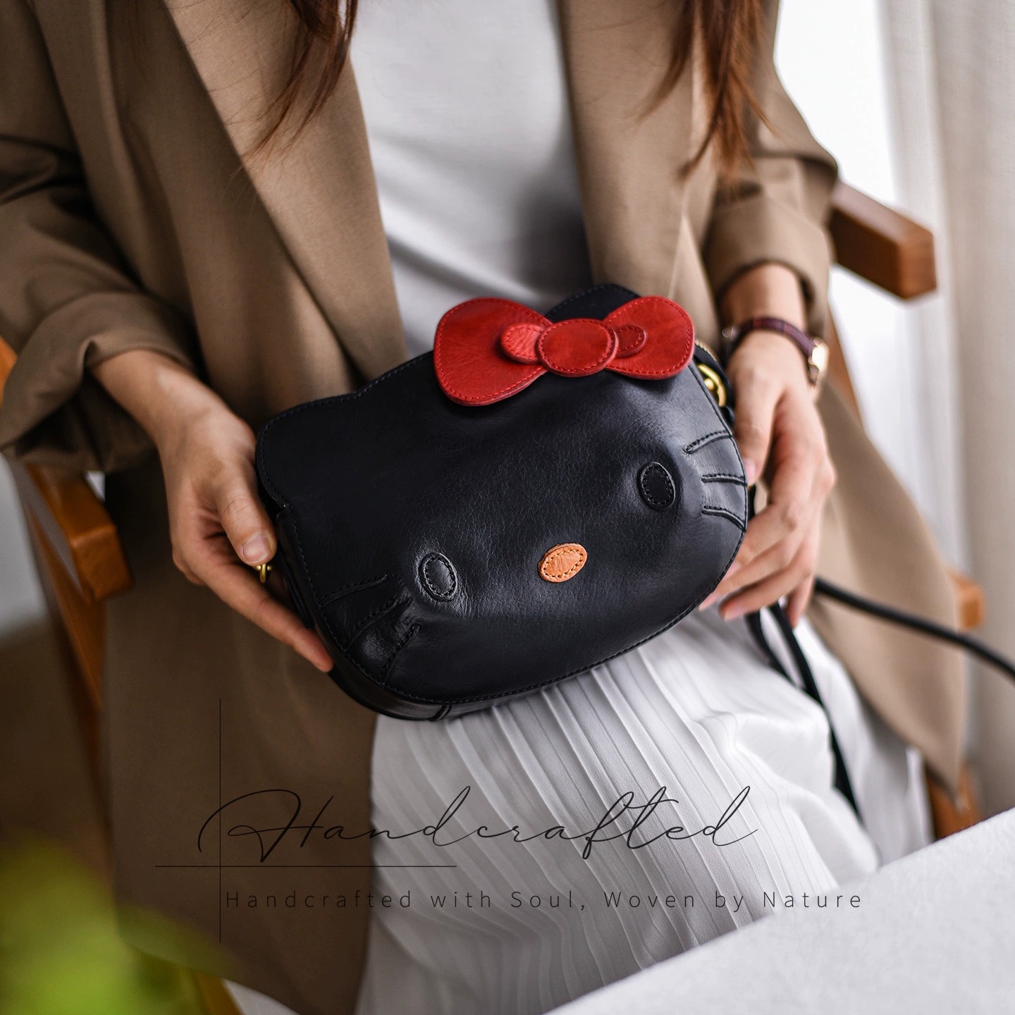 香港狄記手工製作 - 原創 頭層植鞣牛皮 可愛Kitty包 HZ_6302號