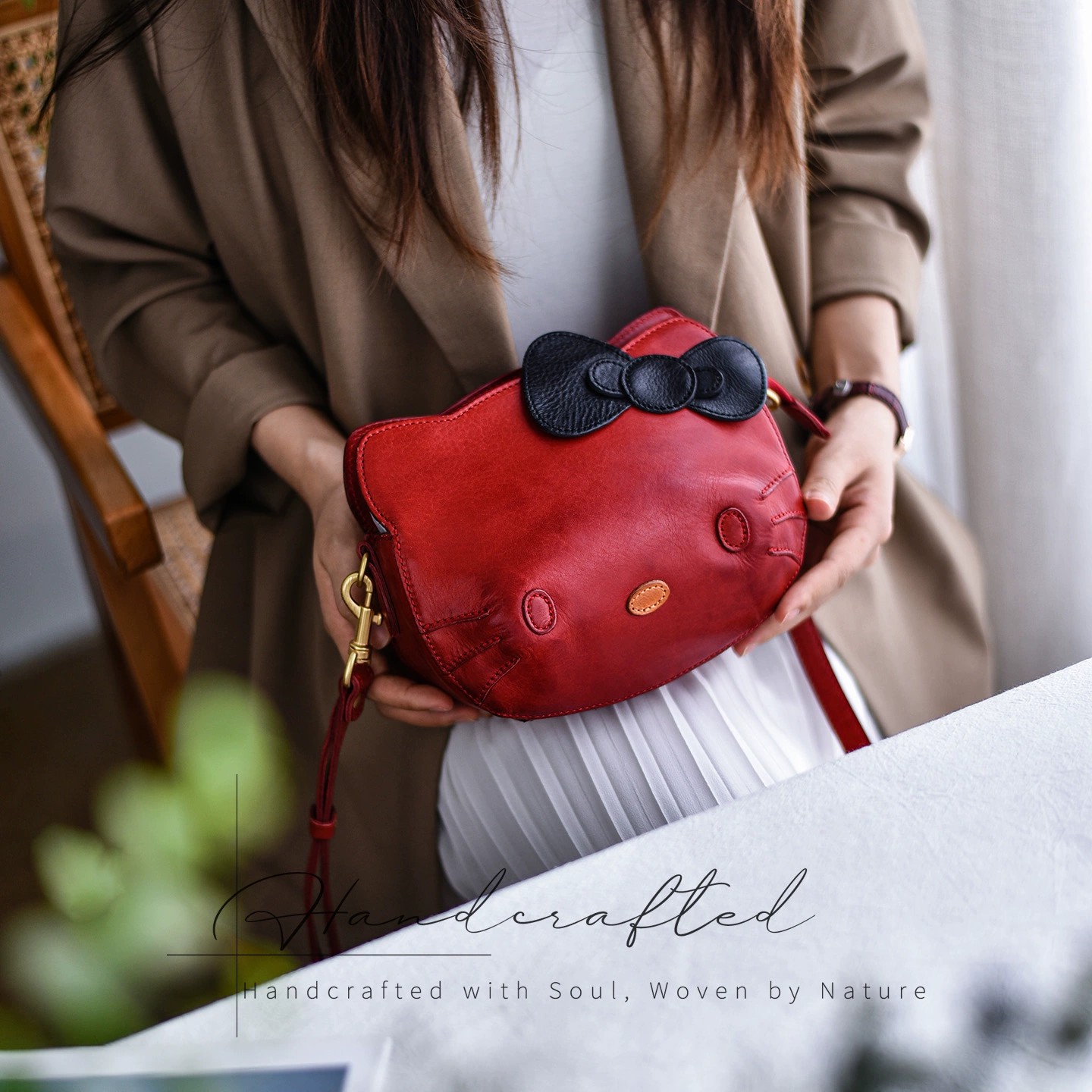 香港狄記手工製作 - 原創 頭層植鞣牛皮 可愛Kitty包 HZ_6302號