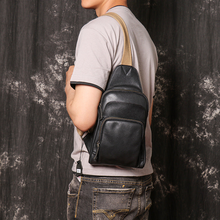 DEEPKEE original nubuck handmade full-grain genuine leather cowhide bag Men's Leather Casual Sling Bag with Canvas Strap No.4011