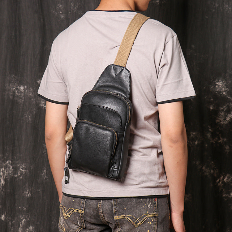 DEEPKEE original nubuck handmade full-grain genuine leather cowhide bag Men's Leather Casual Sling Bag with Canvas Strap No.4011