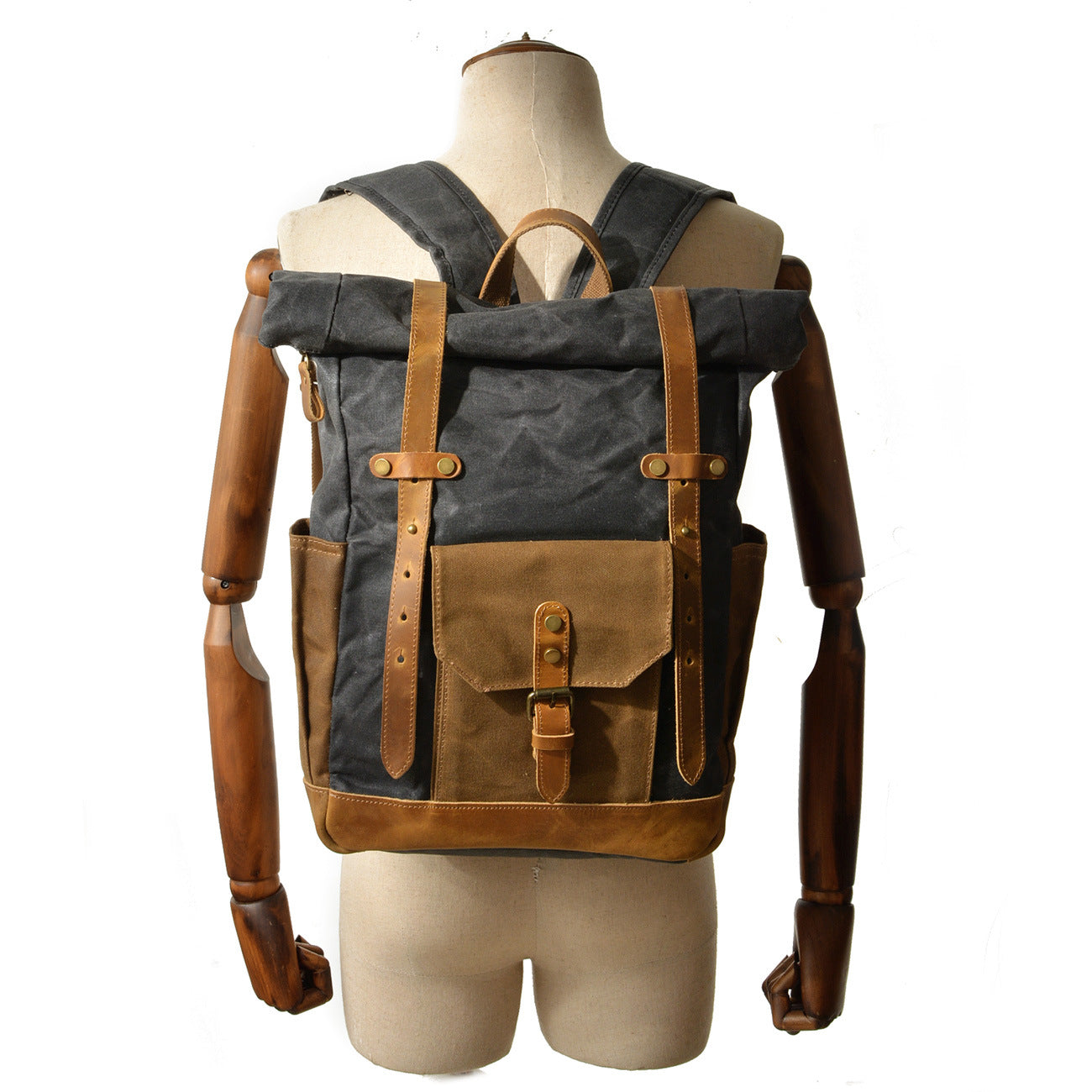 Leather-Canvas Outdoor Travel Backpack # 9108