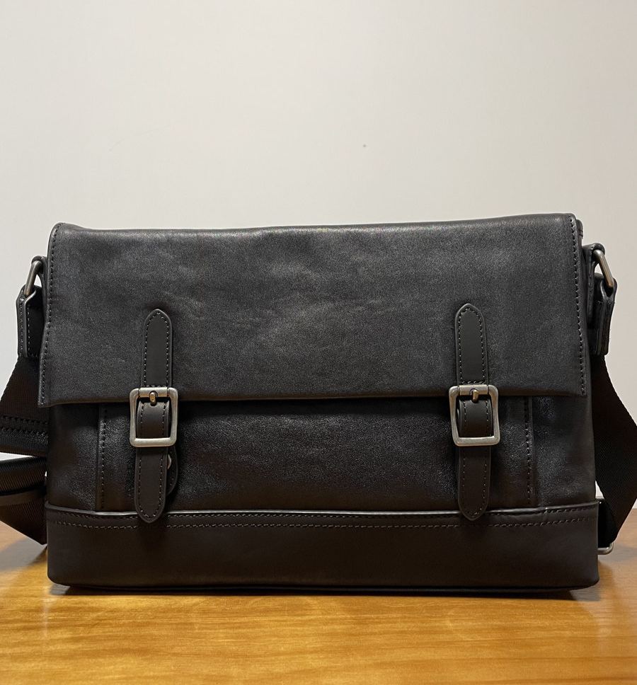 DEEPKEE 高級感植鞣皮男士通勤斜挎包 頭層牛皮復古郵差包 8619 號