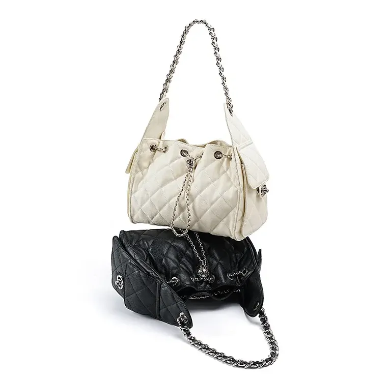 DEEPKEE original nubuck handmade full-grain genuine leather cowhide bag 菱格真皮單肩腋下流浪水桶抽繩包 3173 號