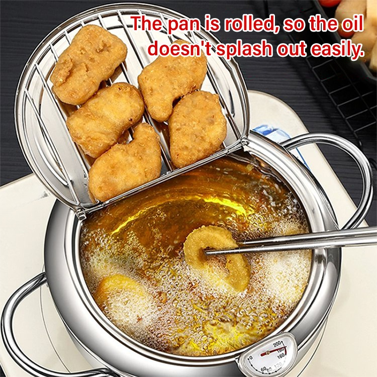 Stainless steel deep fryer with oil-saving and splash-proof features