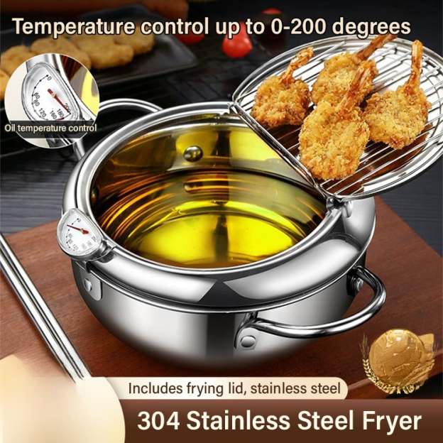 Stainless steel deep fryer with oil-saving and splash-proof features