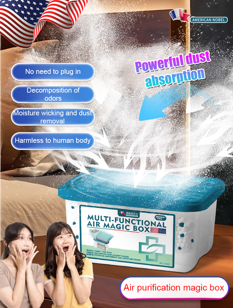 Moisture-absorbing, dust-removing, odor-decomposing air magic box