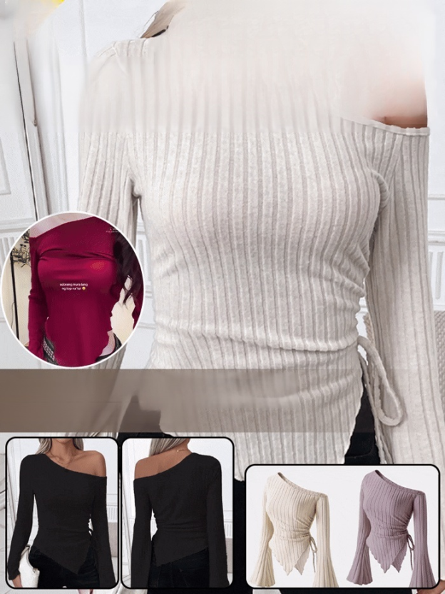 Off-shoulder T-shirt with trumpet sleeves