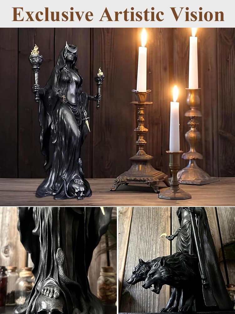A sculpture of a dark goddess holding a torch, a resin ornament ✨ that brings a sense of healing and relaxation.