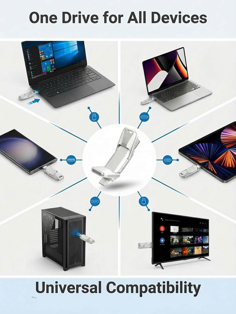 👍🏻Dual-interface portable solid-state USB flash drive for easy connection to mobile phones and computers ⚡Quickly transfer files and back up videos and photos.