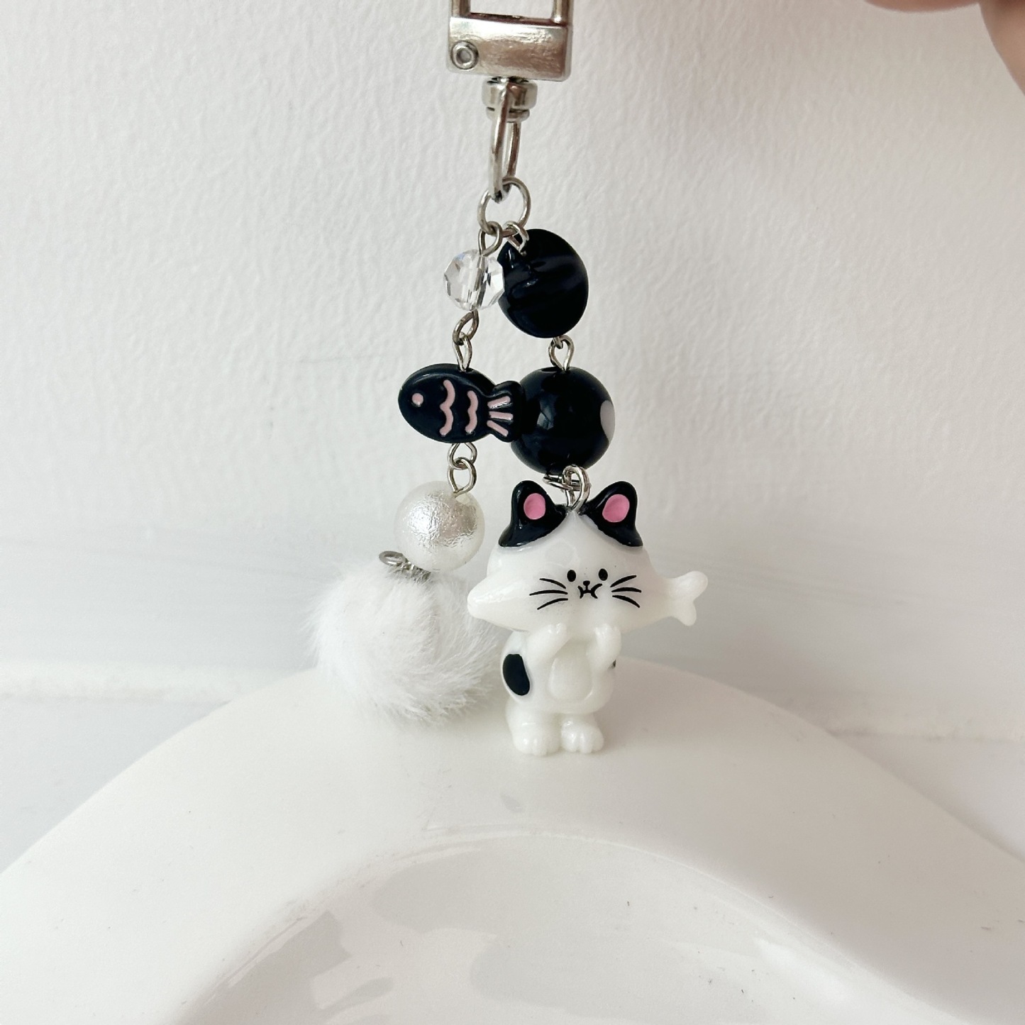 Fun Brown Cat Eating Fish Keychain Keyring Gift Charm