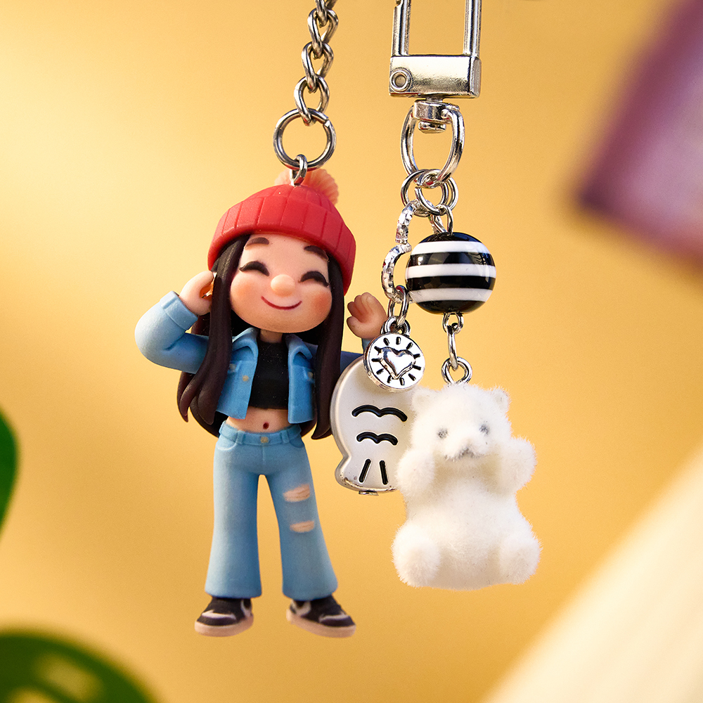 Custom 3D Cartoon Couple Keychain Personalized Mini Figure Keyring Flocked Animal Plush CharmCute Character Charm Gift for Couples Friends Bags