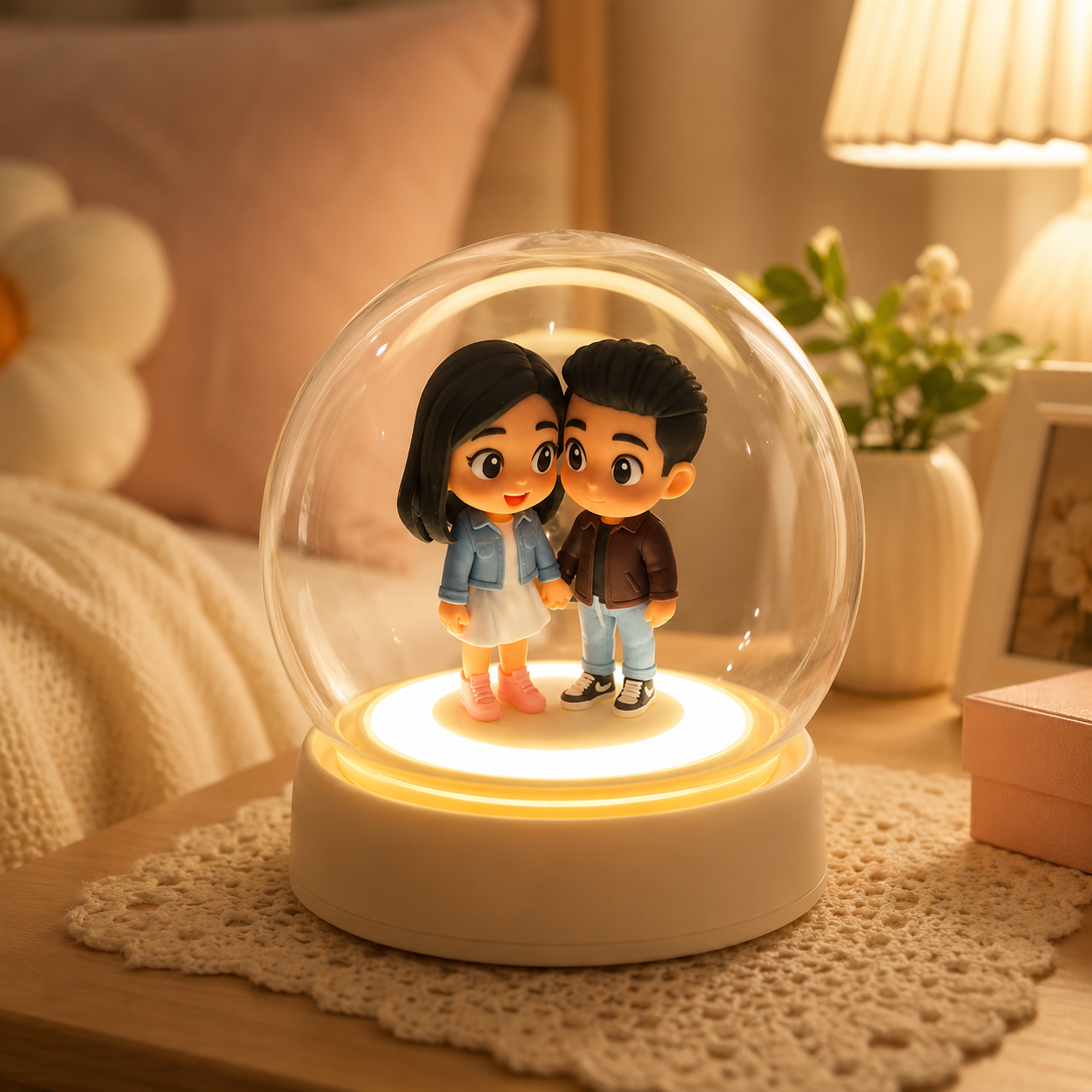 写真から作る オーダーメイド3Dフィギュアライト ガラスドーム付き 自動点灯 カップル・家族ギフト