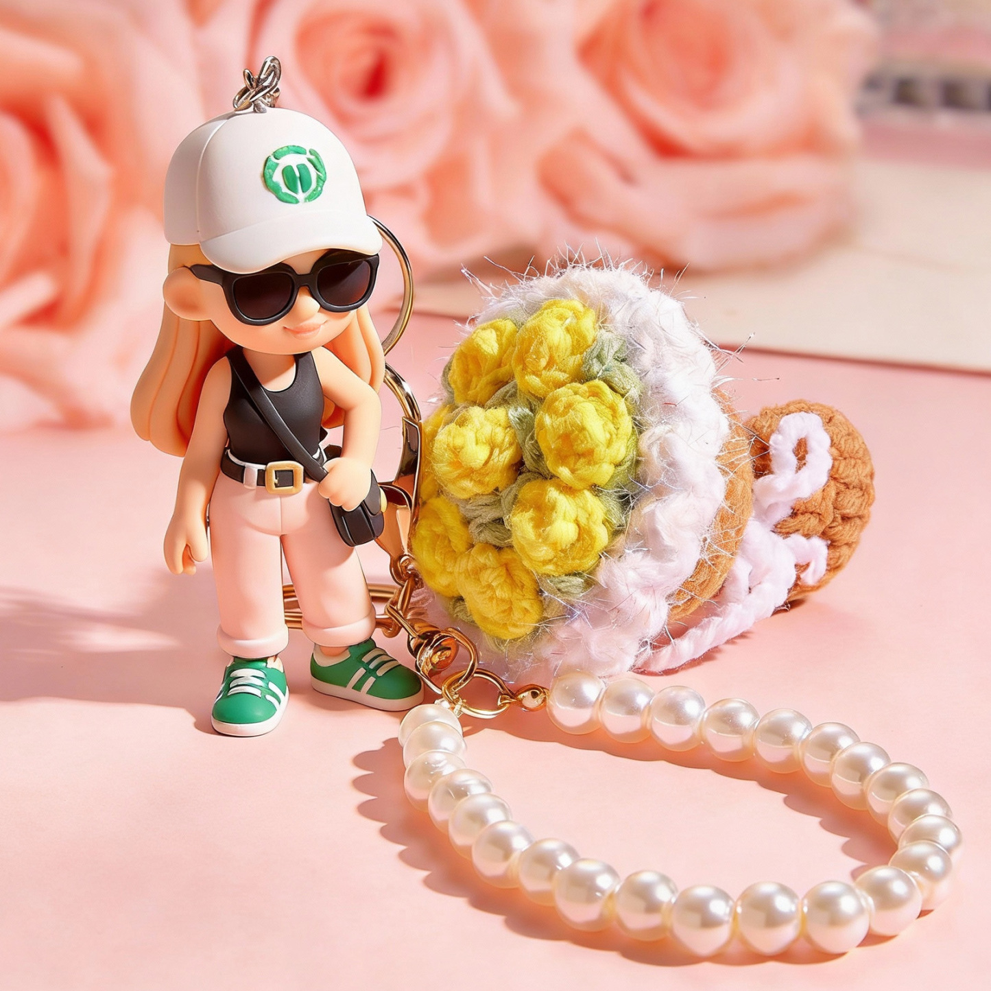 Custom 3D Figurine Photo Knitted Bouquet Keychain Personalized Romantic Gift for Couples Valentines Day Anniversary