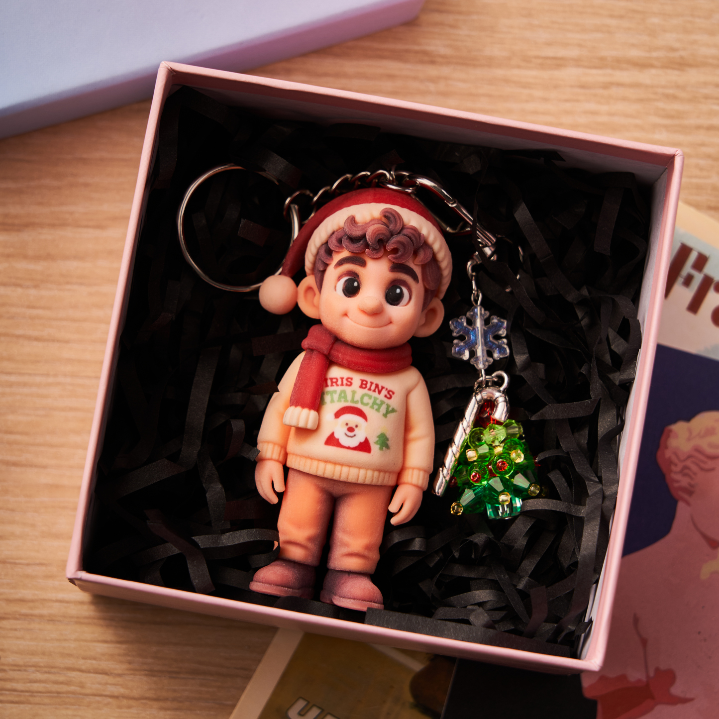 Personalized 3D Keychain from Photo with Crystal Christmas Tree Pendant Custom Cartoon Mini Figure Doll Unique Keyring & Creative Gift with Pearl Style ​​Accessory