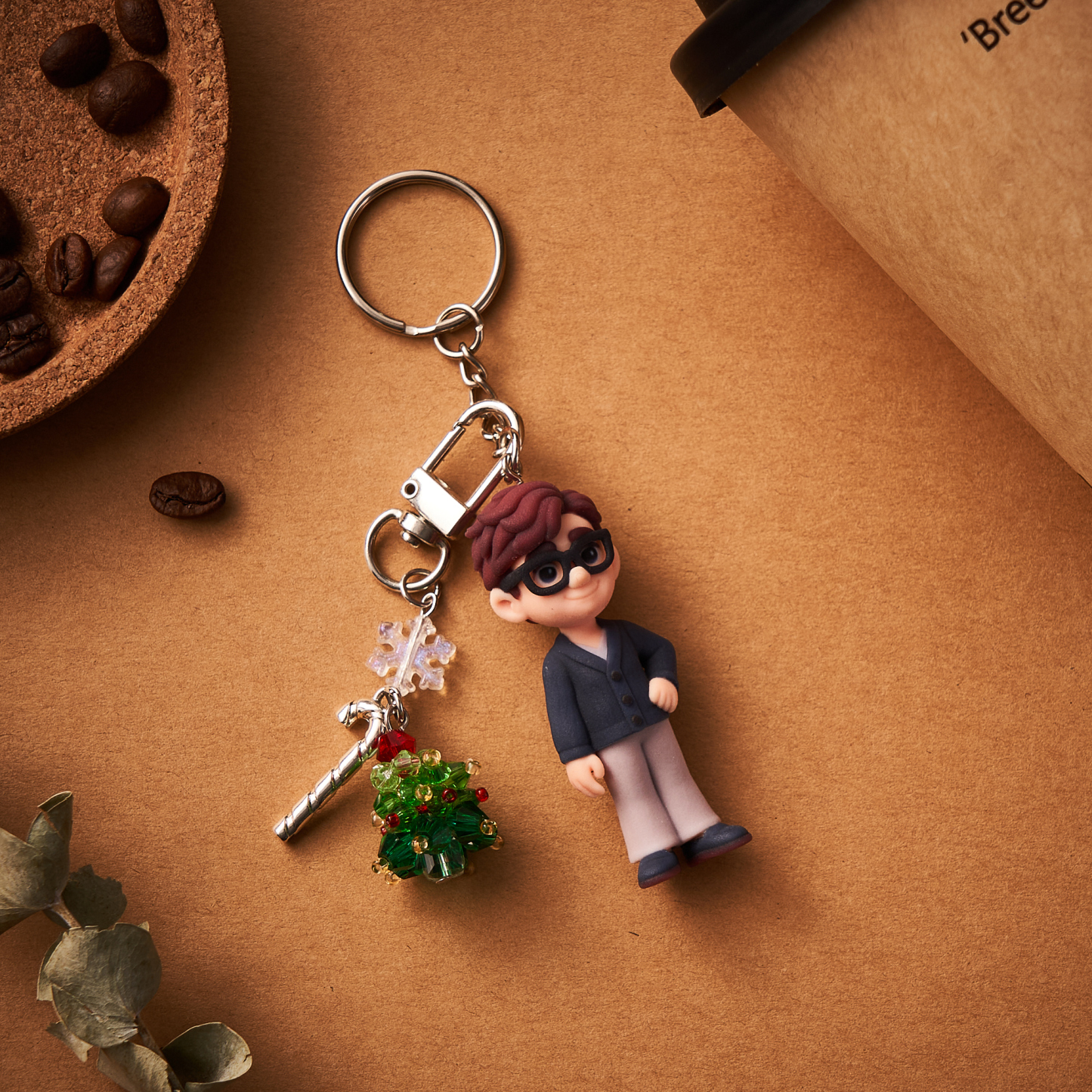 Personalized 3D Keychain from Photo with Crystal Christmas Tree Pendant Custom Cartoon Mini Figure Doll Unique Keyring & Creative Gift with Pearl Style ​​Accessory