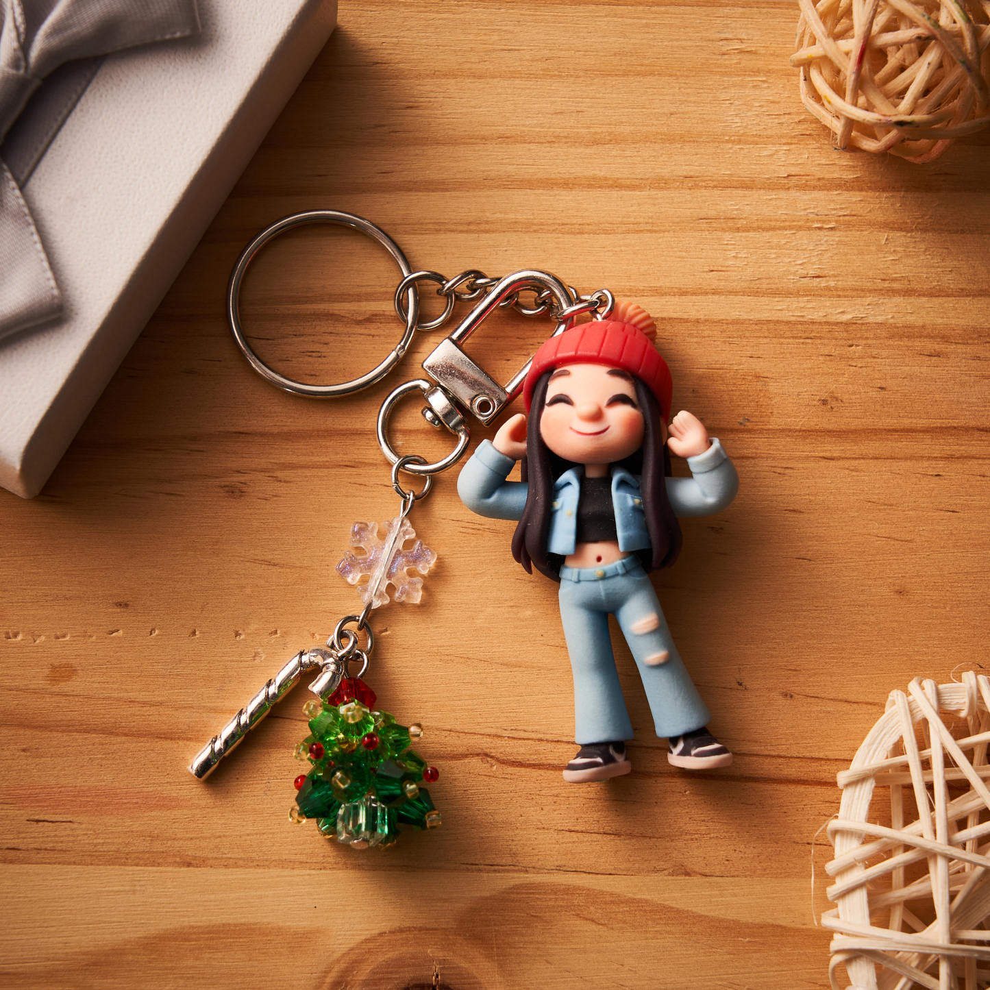 Personalized 3D Keychain from Photo with Crystal Christmas Tree Pendant Custom Cartoon Mini Figure Doll Unique Keyring & Creative Gift with Pearl Style ​​Accessory