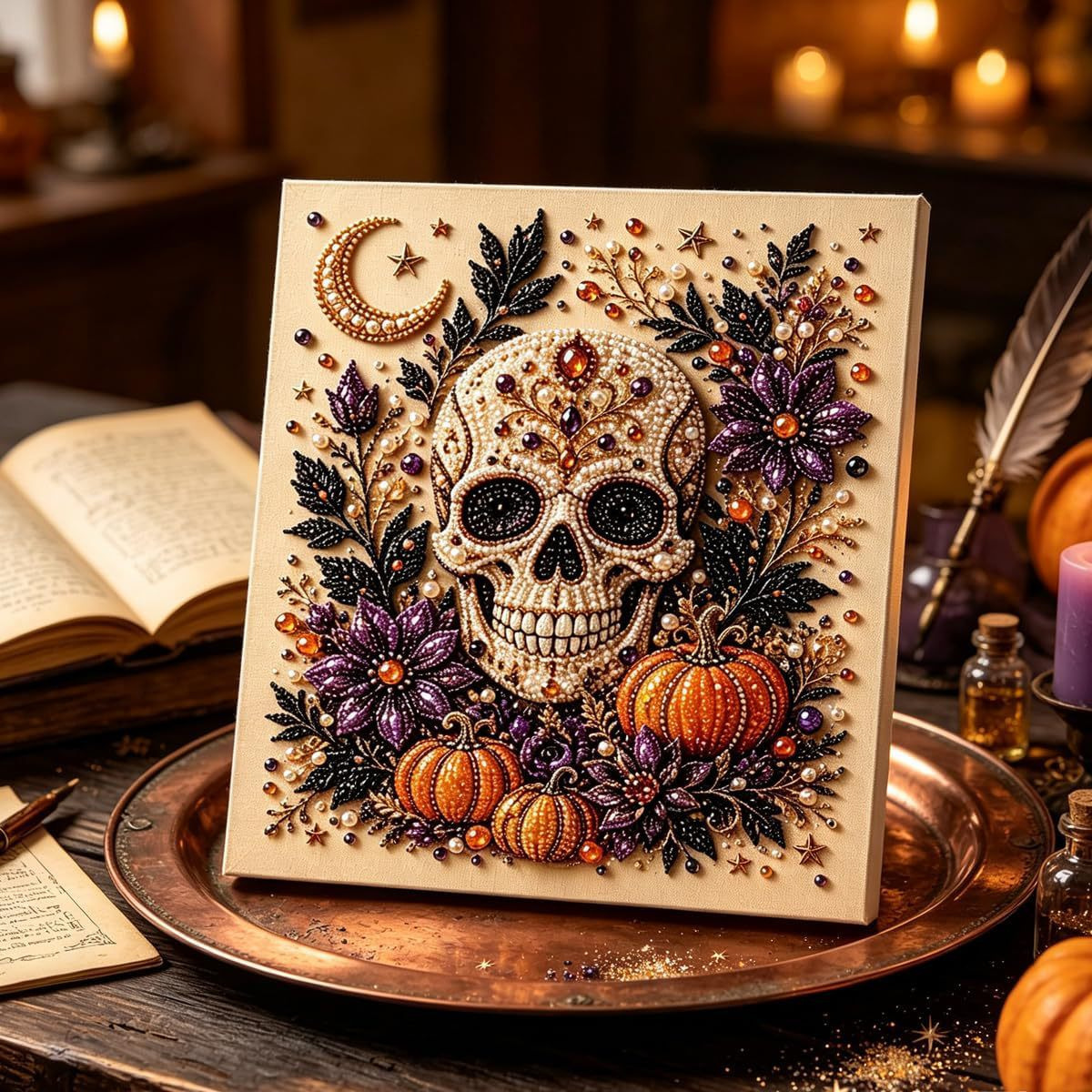 DIY ハロウィン装飾キャンバス – 幽霊,月,花の愛らしいパールモザイク,20cm 子供と大人向けの縫い目なしクラフト - 