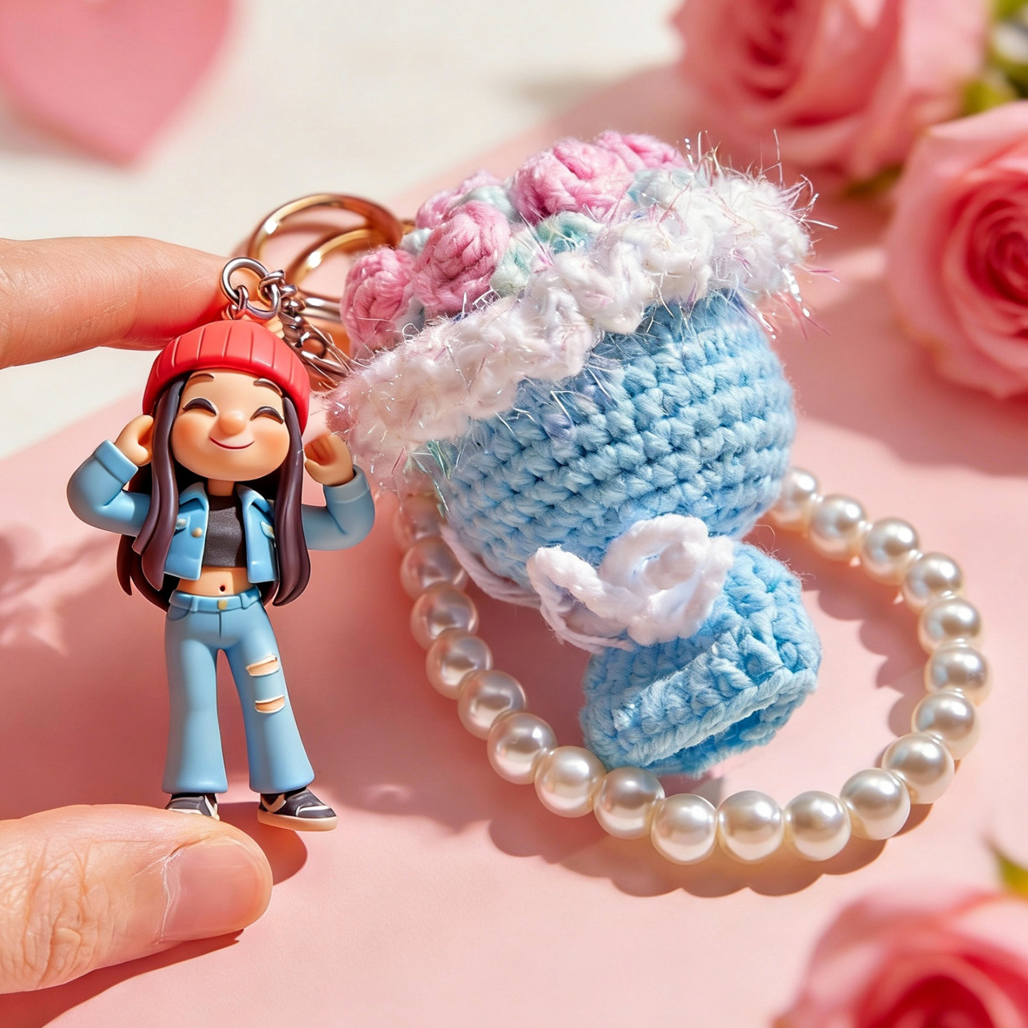 Custom 3D Figurine Photo Knitted Bouquet Keychain Personalized Romantic Gift for Couples Valentines Day Anniversary