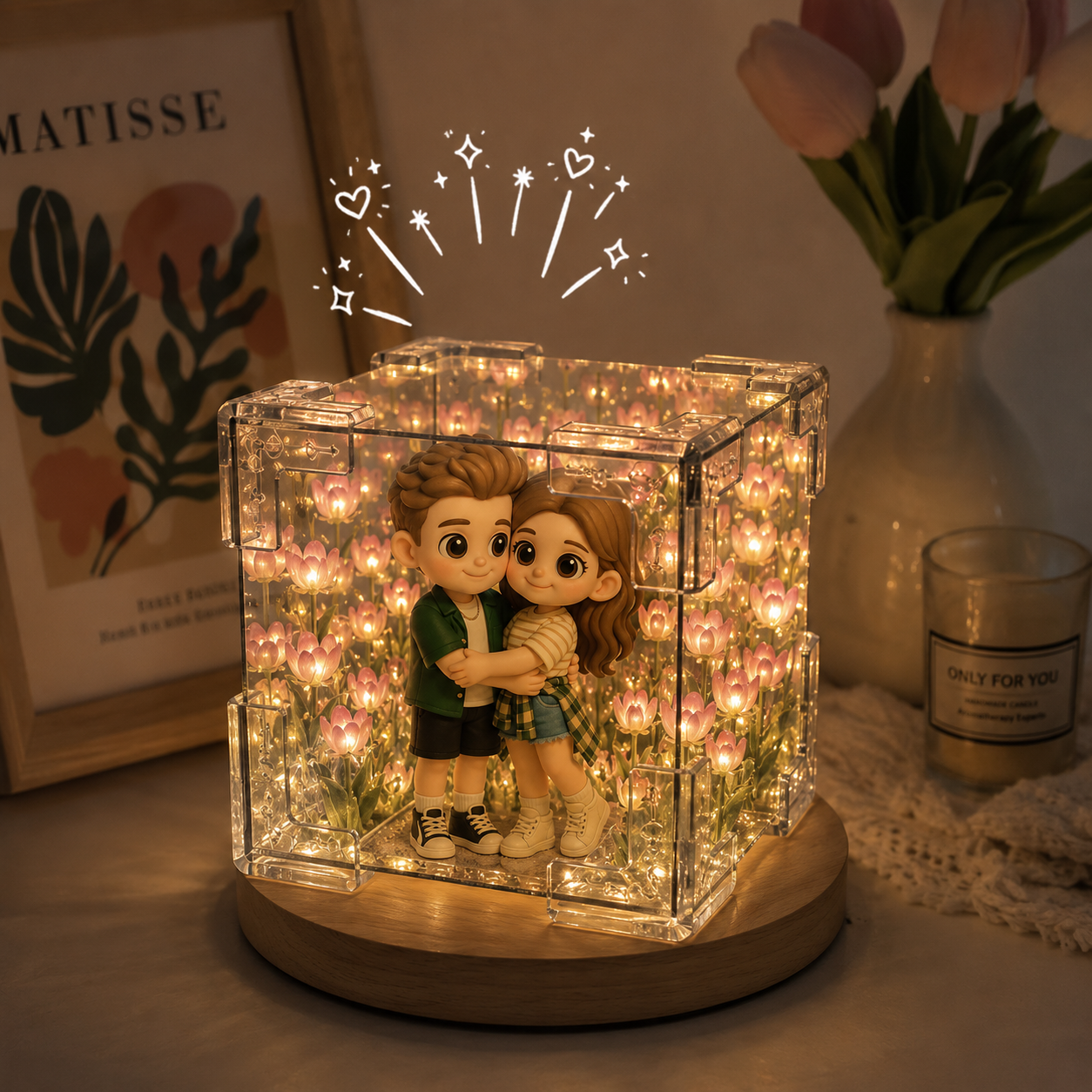 あなたの写真からカスタム3dフィギュアを作ろう。チューリップフラワーミラーボックス付き。カップル、友人、恋人へのユニークな手作りクリエイティブギフト。