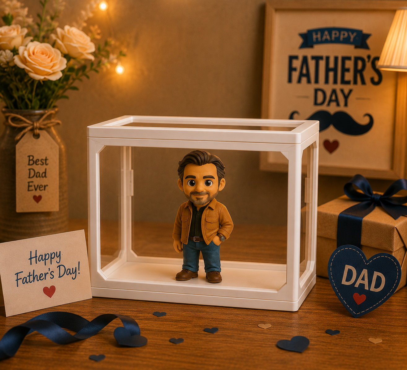 写真からのパーソナライズされた 3D フィギュア高透明度ガラス収納ボックスカスタムミニフィギュア人形お父さんへの父の日のギフトに最適