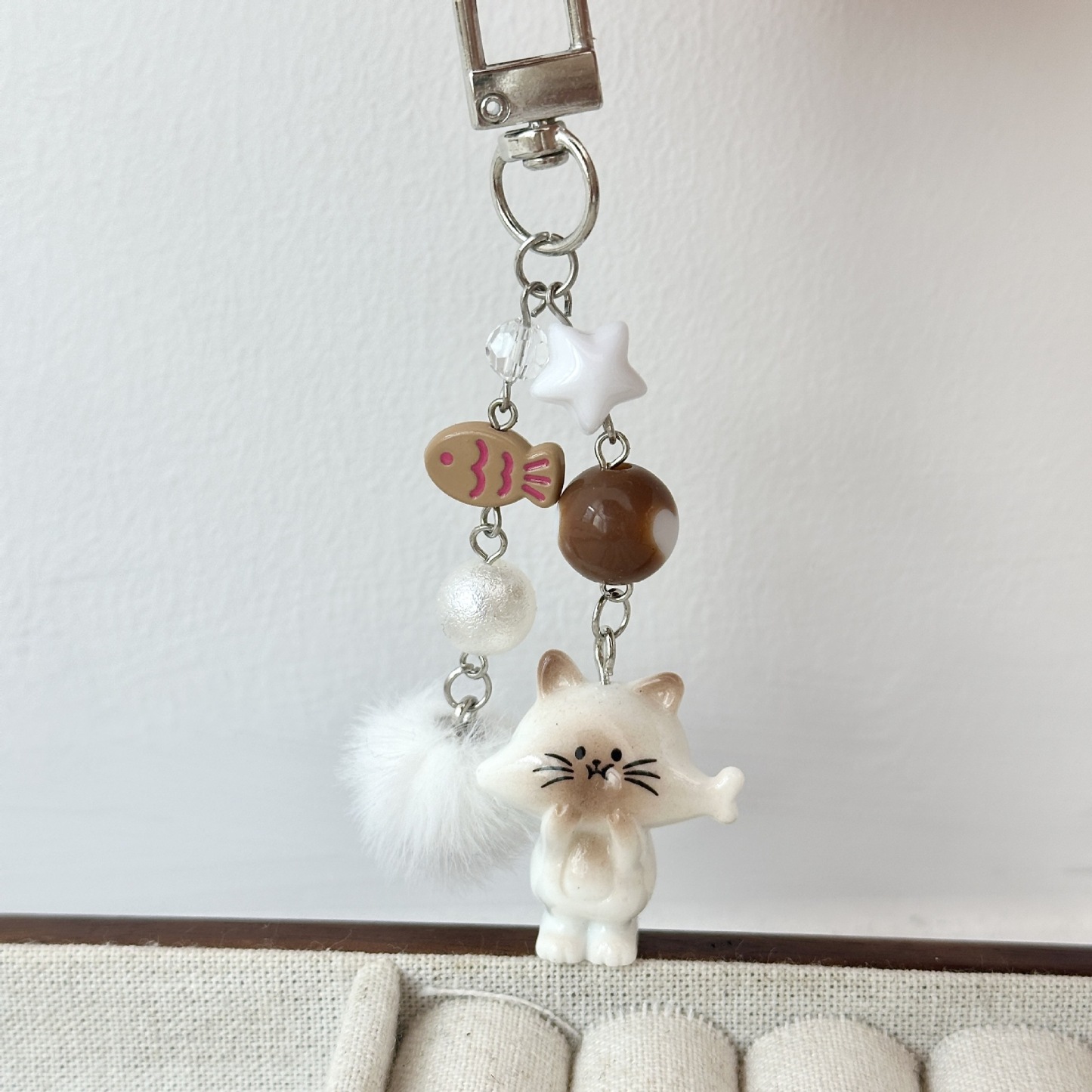 Fun Brown Cat Eating Fish Keychain Keyring Gift Charm