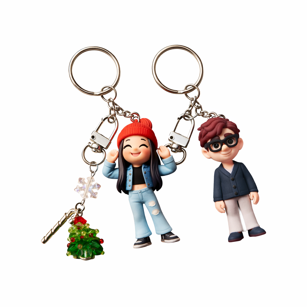 クリスタルクリスマスツリーペンダント付き写真からパーソナライズされた3Dキーチェーンカスタム漫画ミニフィギュア人形ユニークなキーリング&ツリーアクセサリー付きクリエイティブギフト - 